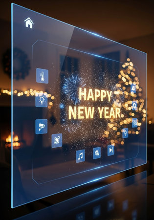 Happy New Year against living room with christmas tree on the wallの写真素材