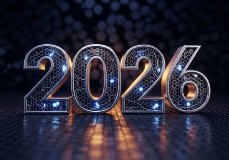 Happy New Year. 3D illustration. Glowing numbers on dark background.の写真素材