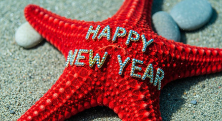 Red starfish on the sand and the inscription Happy New Year.の写真素材