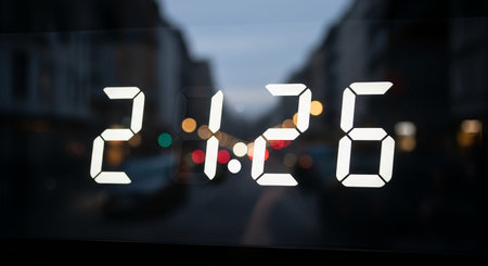 Digital clock on a glass door in the city. Blurred backgroundの写真素材