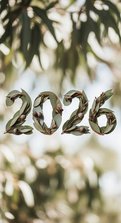 Closeup of the number 2020 on the branches of an olive treeの写真素材