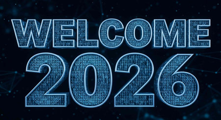 Welcome 2026 text made of binary code on a dark blue background. 3D Renderingの写真素材