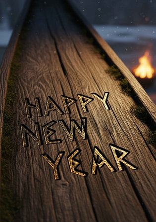 Happy new year. Wooden text on a wooden bench in front of a burning fireplaceの写真素材