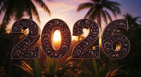 Happy New Year with palm tree background. 3D Renderingの写真素材