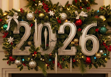 Christmas and New Year decoration with numbers on the door of the houseの写真素材