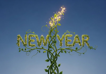 New year sign with green plant on blue sky background.の写真素材
