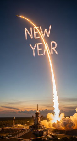 New Year written on a rocket with a cityscape in the backgroundの写真素材