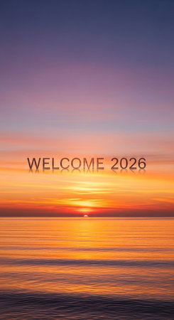 Inspirational quote "Welcome" with sunset backgroundの写真素材