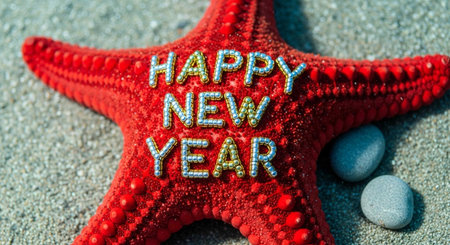 Red starfish on the sand with the inscription Happy New Year.の写真素材