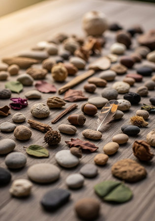 Pebbles on a wooden table. Natural stone background. Selective focus.の写真素材