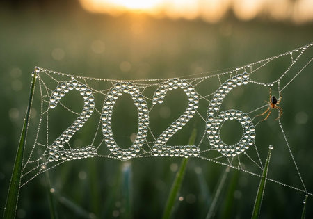 Morning dew on the grass with a spiderの写真素材