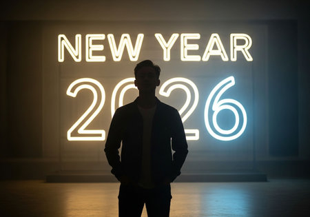 Businessman standing with hands in pockets against new year glowing signの写真素材