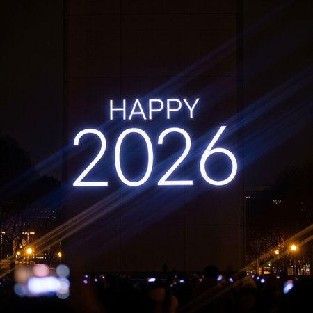 Happy new year written on neon sign with crowd of people at nightの写真素材