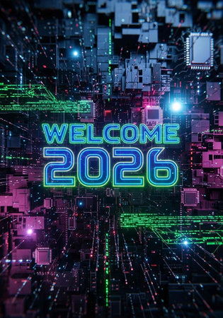 Glowing neon welcome 2023 text on digital background.の写真素材