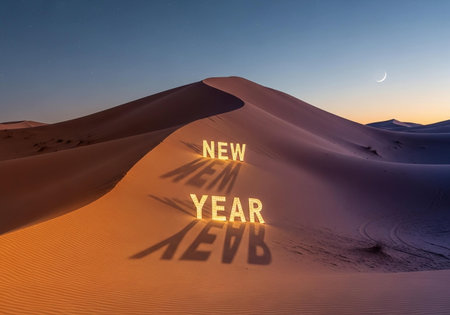 \The word \"\"New Year\"\" on sand dunes in the desert of Dubai"の写真素材