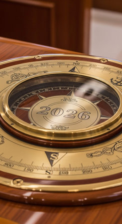 Close-up of a compass on a wooden surface in the interiorの写真素材