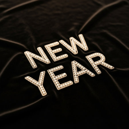 New Year lettering on black satin background with pearls.の写真素材
