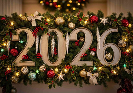Christmas wreath with decorations on a white wall.の写真素材