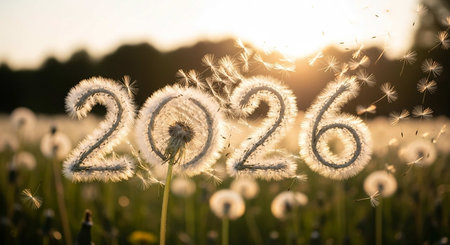 Happy new year written with dandelions on the meadowの写真素材