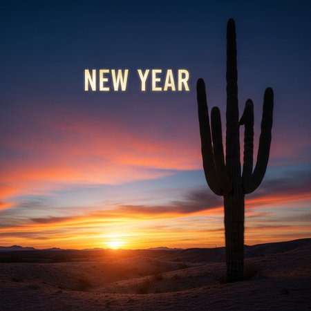 Sunset in the desert with cactus and text New Year.の写真素材