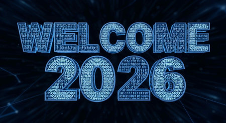 Welcome 2016 3d render text over blue abstract background with binary codeの写真素材