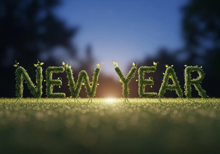 New year word made of leaves on grass with bokeh backgroundの写真素材
