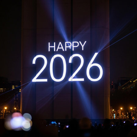 Happy new year written on a wall with light rays and bokehの写真素材