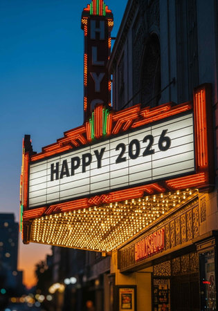 HAPPY NEW YEAR retro cinema sign at night.の写真素材