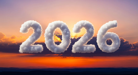 Clouds forming number 2016 on sunset sky backgroundの写真素材