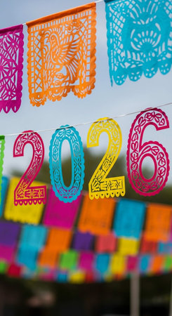 Colorful paper lanterns in the shape of numbers 2016 on the streetの写真素材