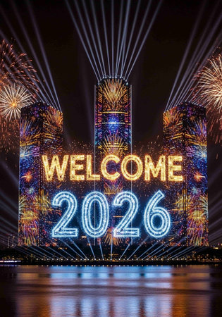 Happy new year written on the fireworks and cityscape in the backgroundの写真素材