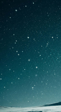 Snowy winter landscape with starry sky and falling snowflakesの写真素材