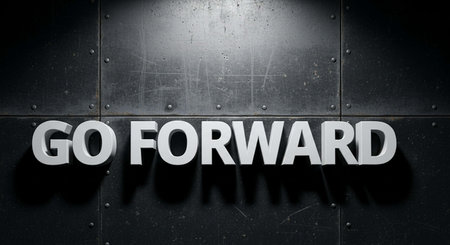 Go forward sign on a metallic wall. 3D rendering illustration.の写真素材