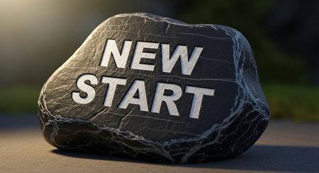 New start sign on black stone. 3D render. Business concept.の写真素材
