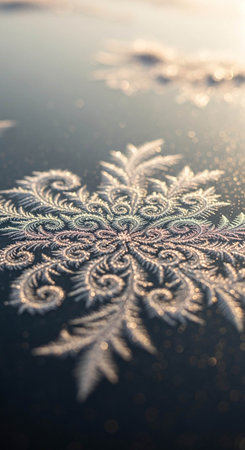 Frosty pattern on the window glass at sunset. Winter backgroundの写真素材