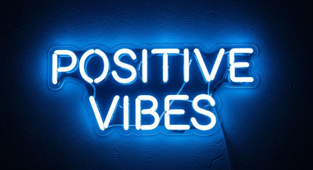 Positive vibes neon sign on dark blue wall. 3D renderingの写真素材