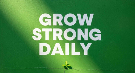Grow Strong Daily Sign on Green Wall with Fresh Green Leaves.の写真素材