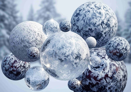 Frosty Christmas balls in snowy forest. 3D illustration.の写真素材