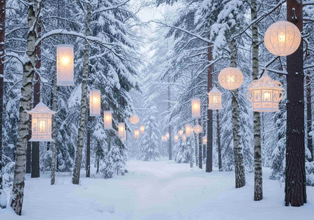 Winter forest with lanterns in the snow. Beautiful winter scenery.の写真素材
