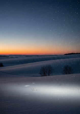 beautiful winter landscape with snow covered fields and trees at night. latviaの写真素材