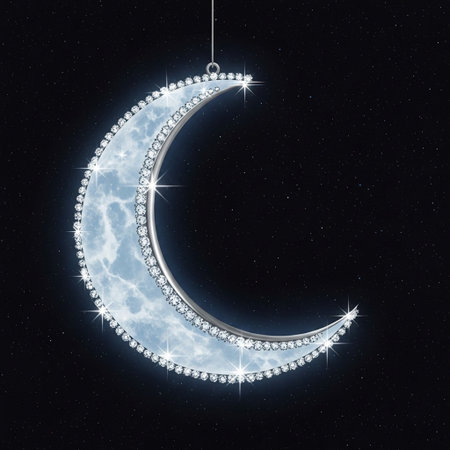 Crescent moon with diamonds on starry sky background. 3D renderingの写真素材
