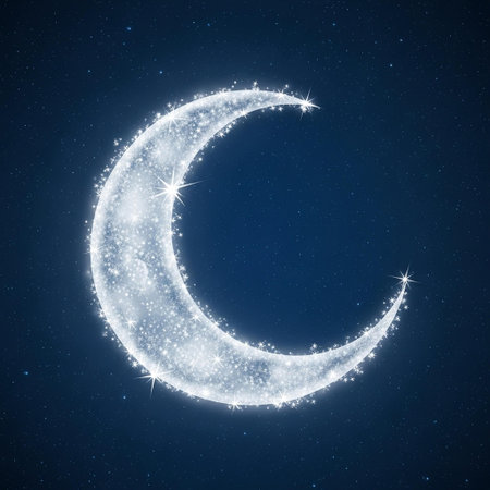 Illustration of a crescent moon with stars and snowflakesの写真素材