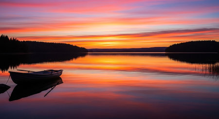 Sunset on the lake with a boat in the foreground, Finlandの写真素材