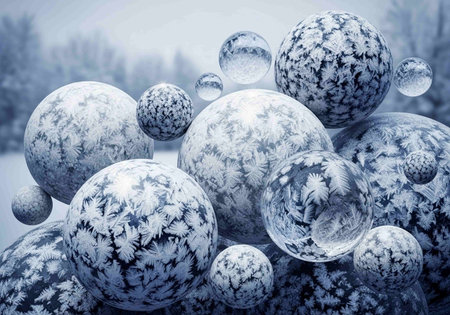 Abstract 3d illustration of winter landscape with snow covered trees and ballsの写真素材