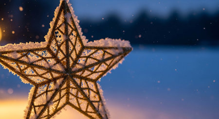 Christmas star on a background of the winter forest and snowflakesの写真素材