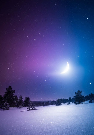 Night winter landscape with starry sky and moon in the mountains.の写真素材