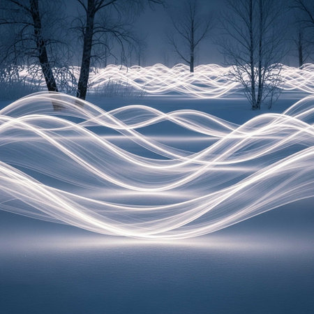 abstract winter landscape with snowy trees and long exposure lights - retro vintage styleの写真素材