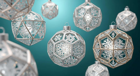 3d render of christmas baubles on a blue backgroundの写真素材