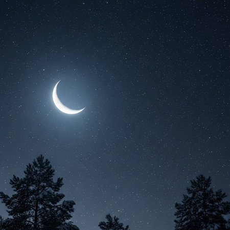 Crescent moon in the night sky with stars and silhouette of trees.の写真素材