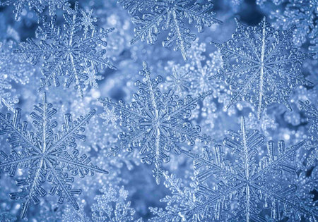Snowflakes on a blue background close-up. Christmas background.の写真素材